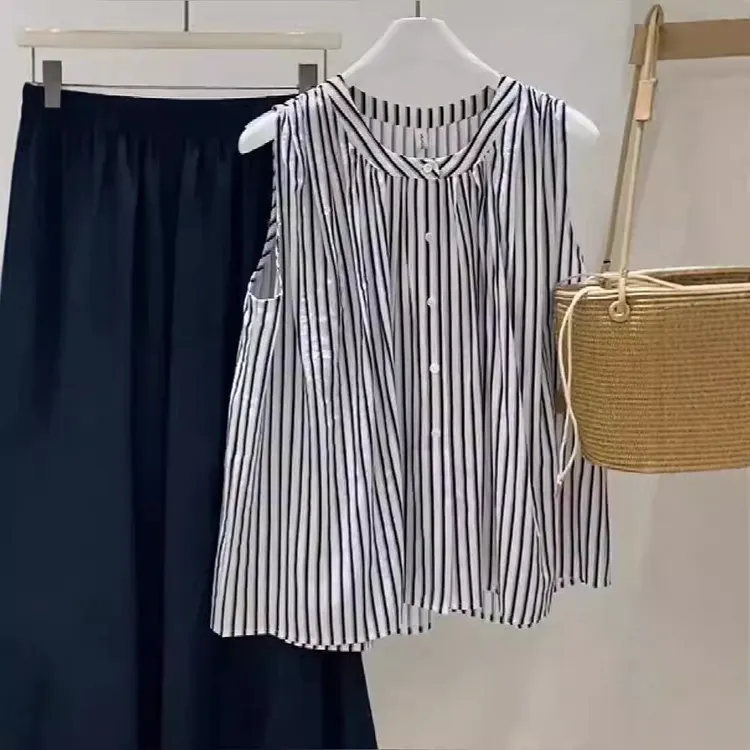 法式微胖减龄显瘦条纹无袖上衣文艺圆领衬衫夏季新款慵懒气质衬衫