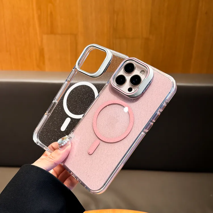 高品质唯美闪粉镜框支架适用苹果16promax手机壳15pro奢华女款14 