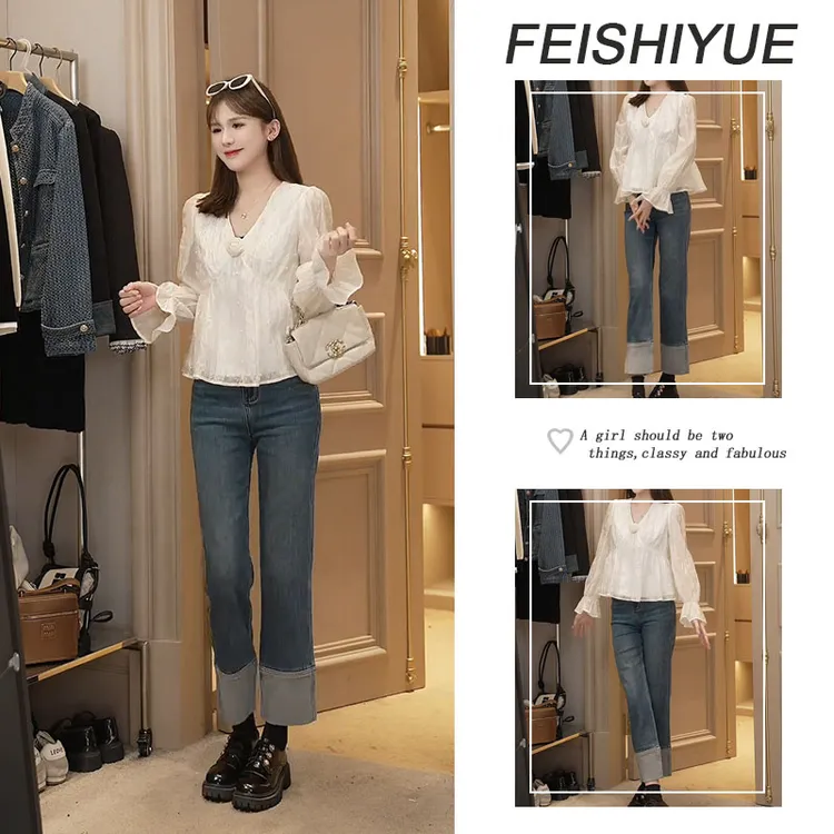 今年流行穿搭一整套女新款2025早秋法式上衣高腰显瘦牛仔裤两件套