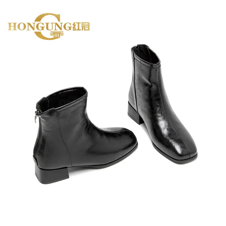 活动价～红冠方头短靴女加绒时尚粗跟英伦风短靴显瘦后拉链8390