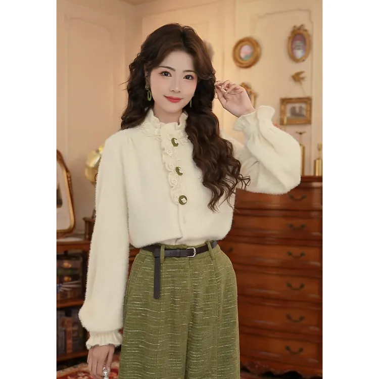 LIJIUJIU【糖心映雪】秋冬气质长百搭复古风厚雪貂绒衬衫YX2511146