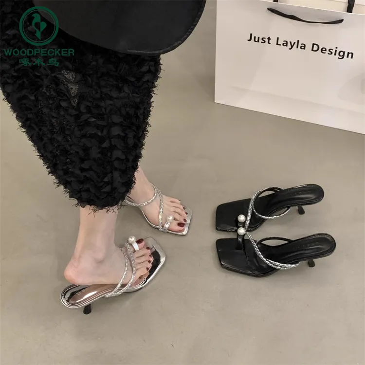 啄木鸟小众高跟水钻凉拖鞋外穿细跟女鞋子2025年新款夏季气质凉鞋