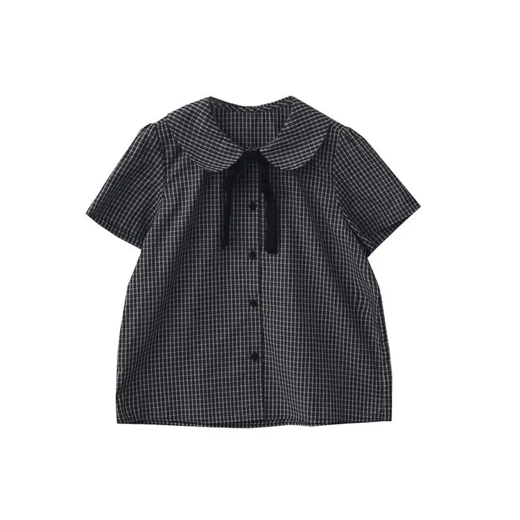新款日系学院风蝴蝶结格子娃娃领衬衫女夏季减龄宽松百搭上衣女