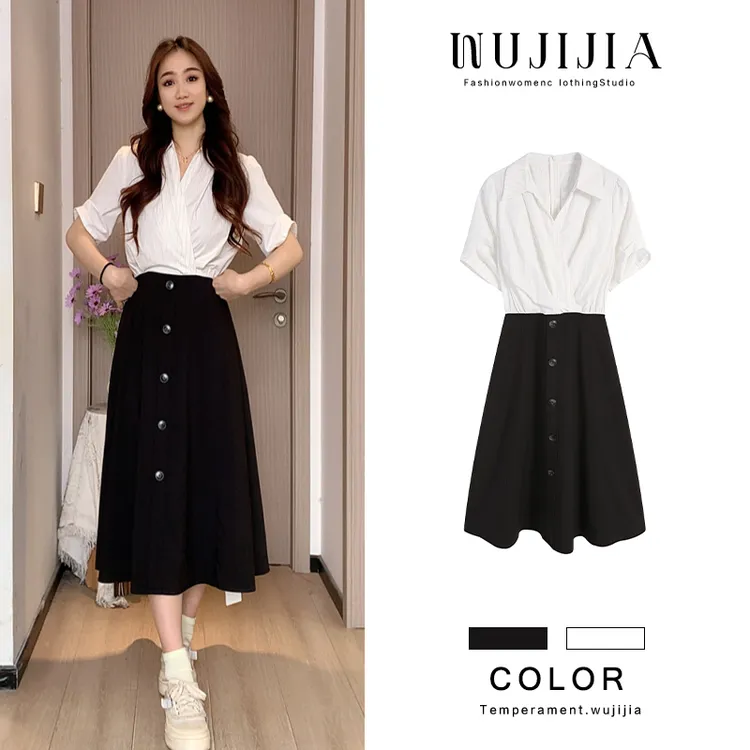 五季家黑拼白连衣裙显瘦气质夏季设计感裙子大码女装思思ZL107079