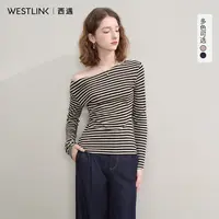 1140西遇韩系撞色条纹斜肩长袖T恤女2025秋季修身内搭打底衫上衣