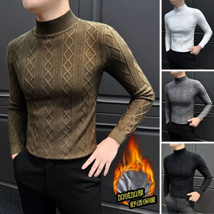 加绒菱形格子半高领毛衣男款冬季痞帅男装保暖内搭针织男士打底衫