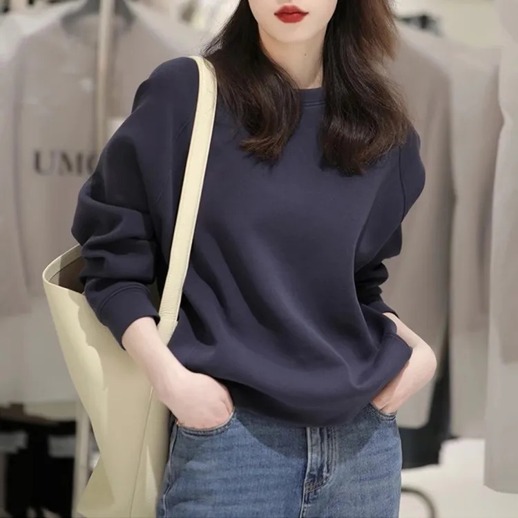 芯娇晴藏青色圆领卫衣女春季新款美式打底衫内搭无帽套头长袖上衣