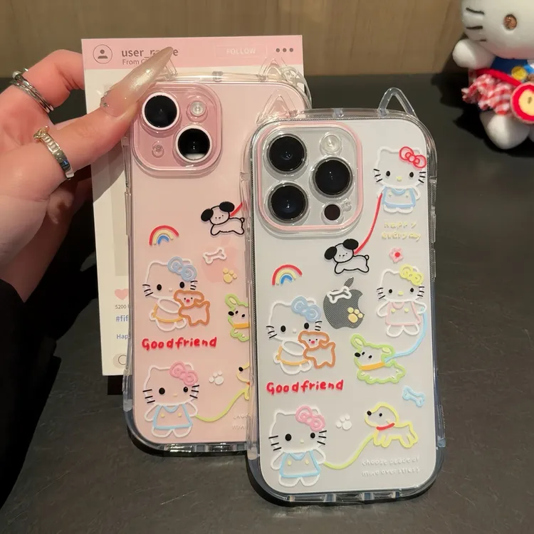 彩色线条遛狗凯蒂猫适用苹果15/16promax猫耳手机壳14/13/12/11软