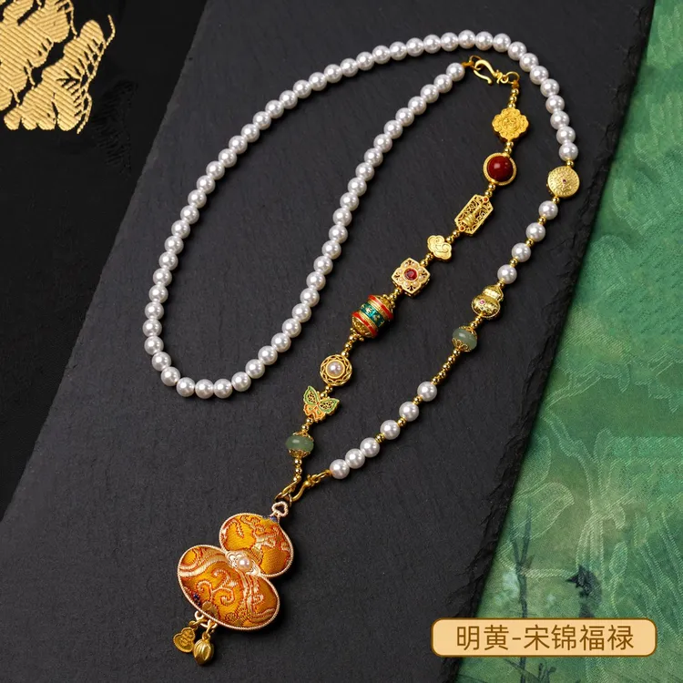 合金仿珍珠项链 非遗手作宋锦双面葫芦毛衣链压襟珍珠链旗袍汉服