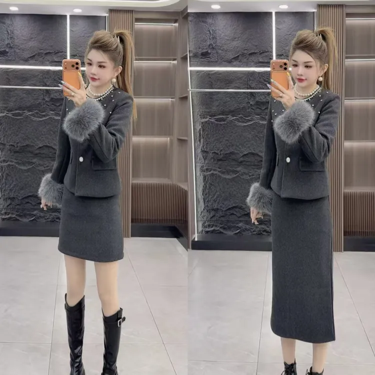 小香风名媛时尚套装女2025秋冬季新款毛呢子加棉外套短裙两件套潮