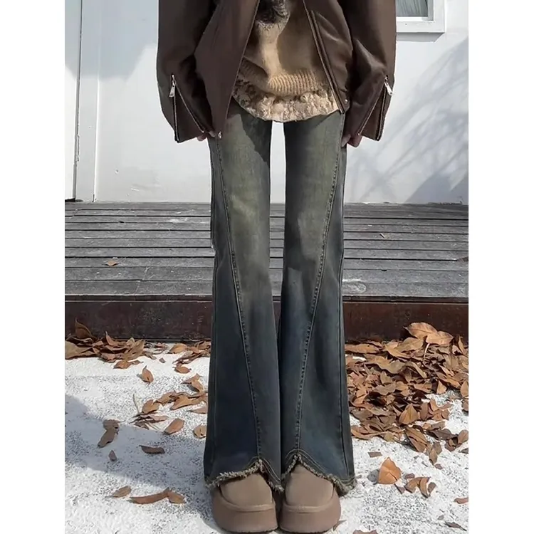 复古蓝毛边微喇牛仔裤女秋冬加绒大码胖mm高腰显瘦遮胯弹力喇叭裤