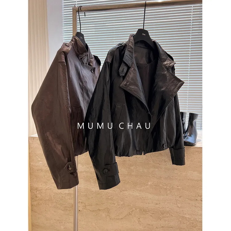 现货「MUMU CHAU」【港风腔调】高定女冬季短款机车皮衣外套LD58367