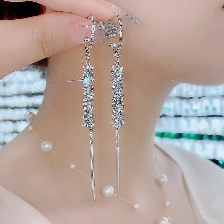 铜合金合成锆石耳饰 247日韩几何轻奢长款超仙精致流苏耳环