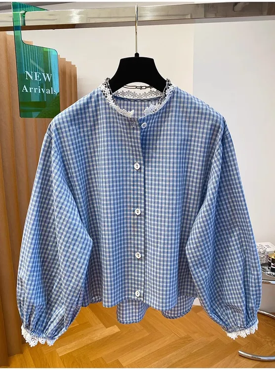 韩系蓝色小格子衬衫女2025早春新款宽松短款减龄小清新灯笼袖上衣
