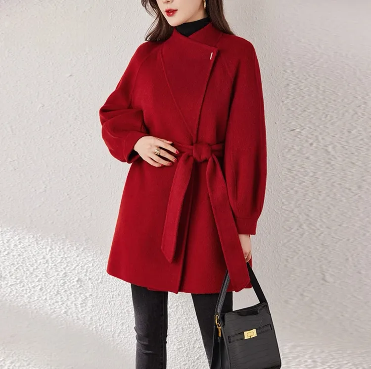 刘婷原创 纯手工缝制绵羊毛时尚极简一粒扣立领双面羊毛大衣