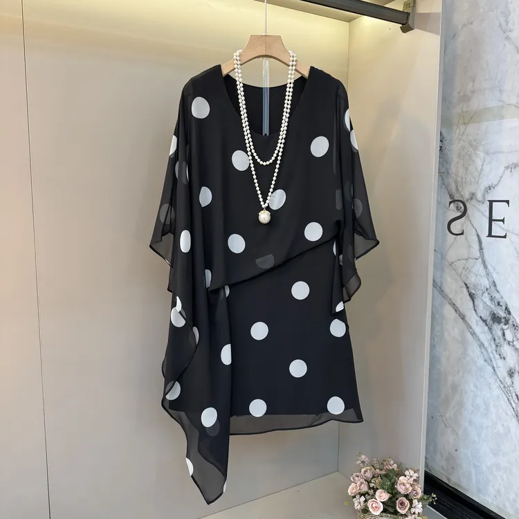 时尚胖MM大码女装不规则显瘦遮肉宽松2025新款中长雪纺连衣裙2325