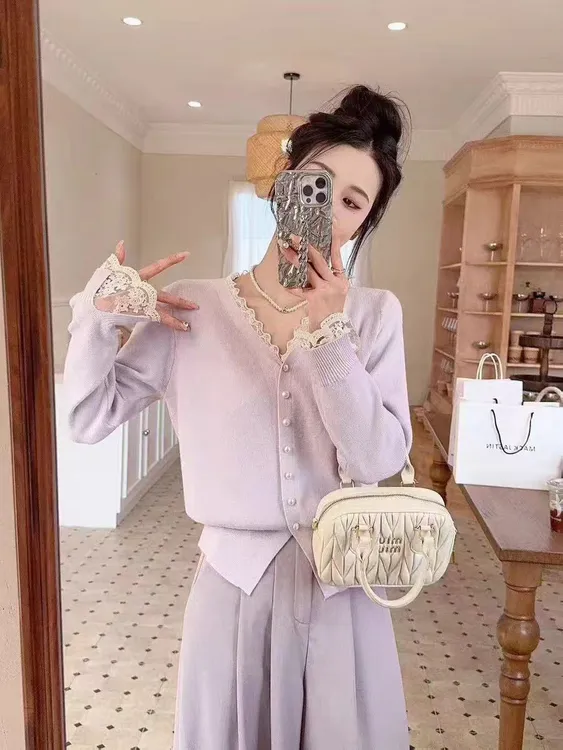 法式慵懒风百搭针织衫秋季氛围感蕾丝针织衫开衫上衣女H808