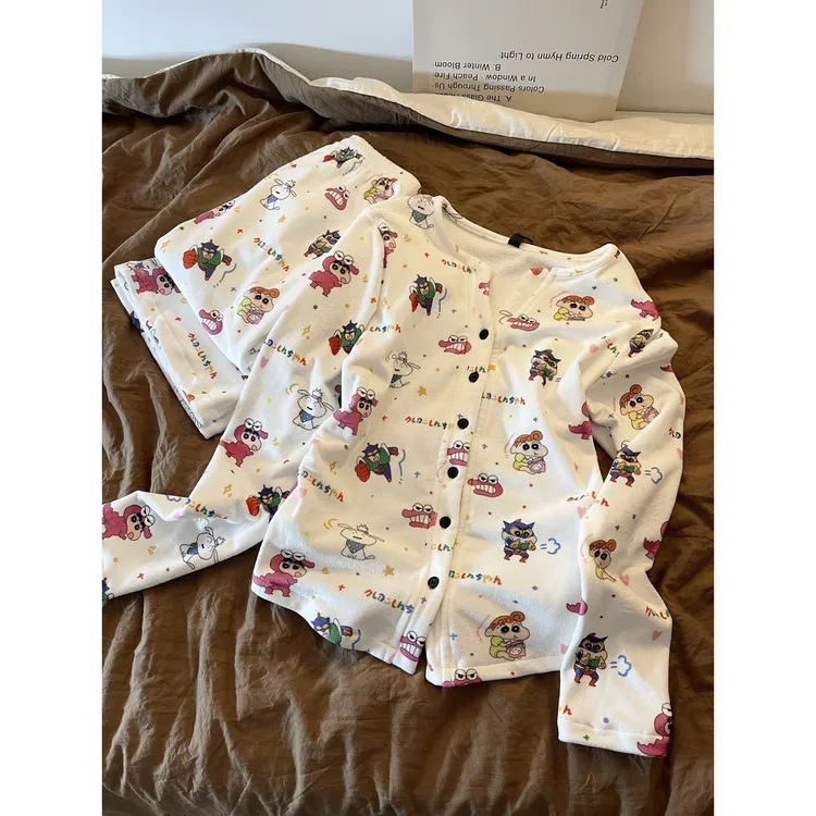 韩系甜美可爱创意小新法兰绒睡衣女秋冬新款保暖休闲家居服套装