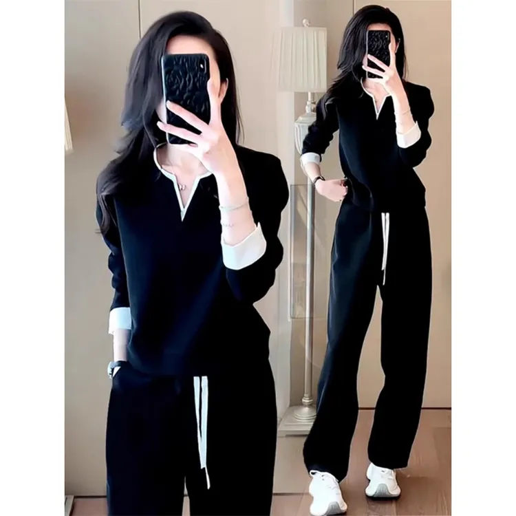 0336休闲风时尚套装韩版炸街运动针织套装直筒卫衣裤子长裤女士