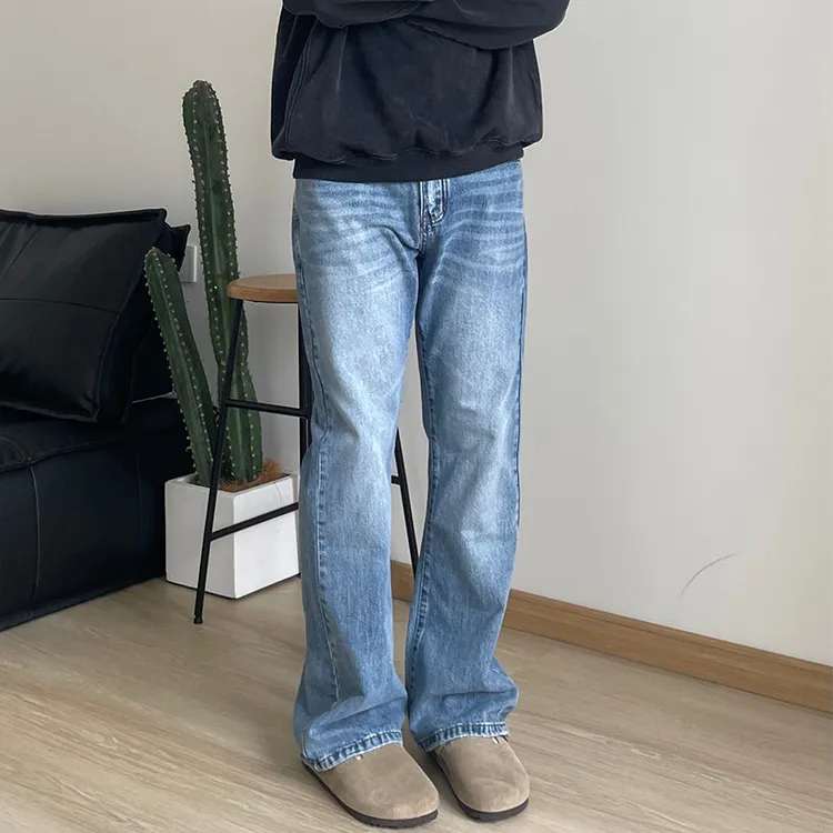 美式复古浅蓝水洗做旧风格微喇牛仔裤男修身显瘦直筒潮流百搭长裤