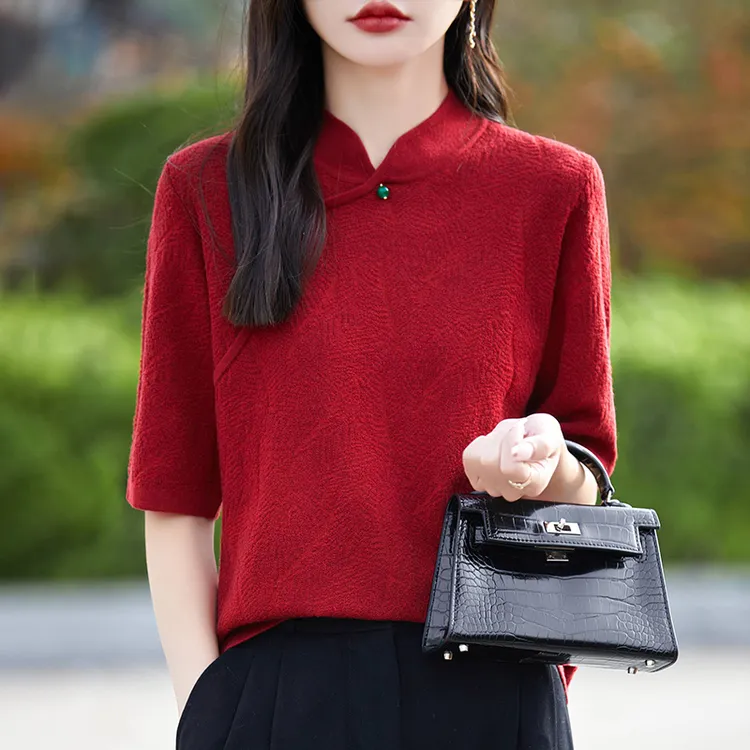 哥弟阿玛施正品2025夏季新款双色提花复古旗袍领五分袖短袖上衣女