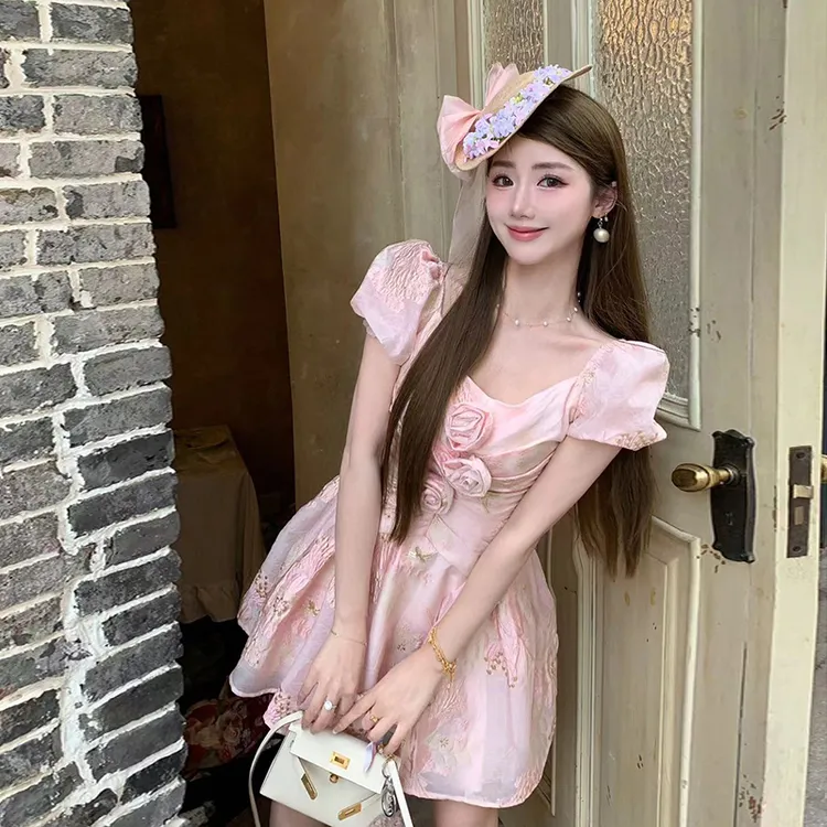 冰冰来了【莫奈玫瑰法式高级感立体扎花短裙小众浮雕感连衣裙27126