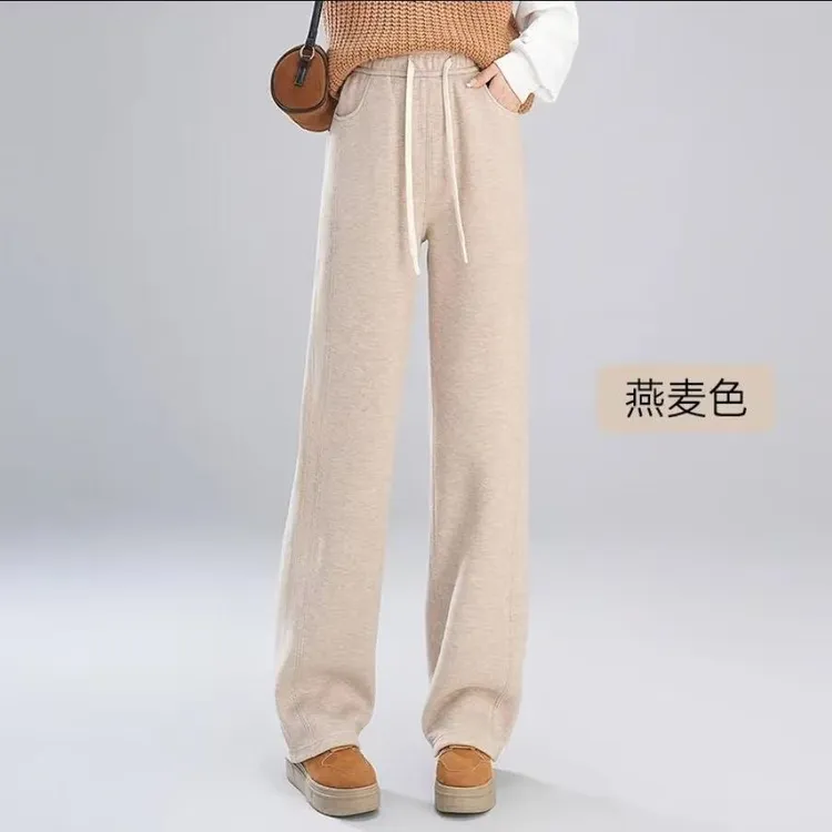 五只白鹅2025冬季羊毛蚕丝裤垂感直筒窄版阔腿裤女士加绒加厚裤子
