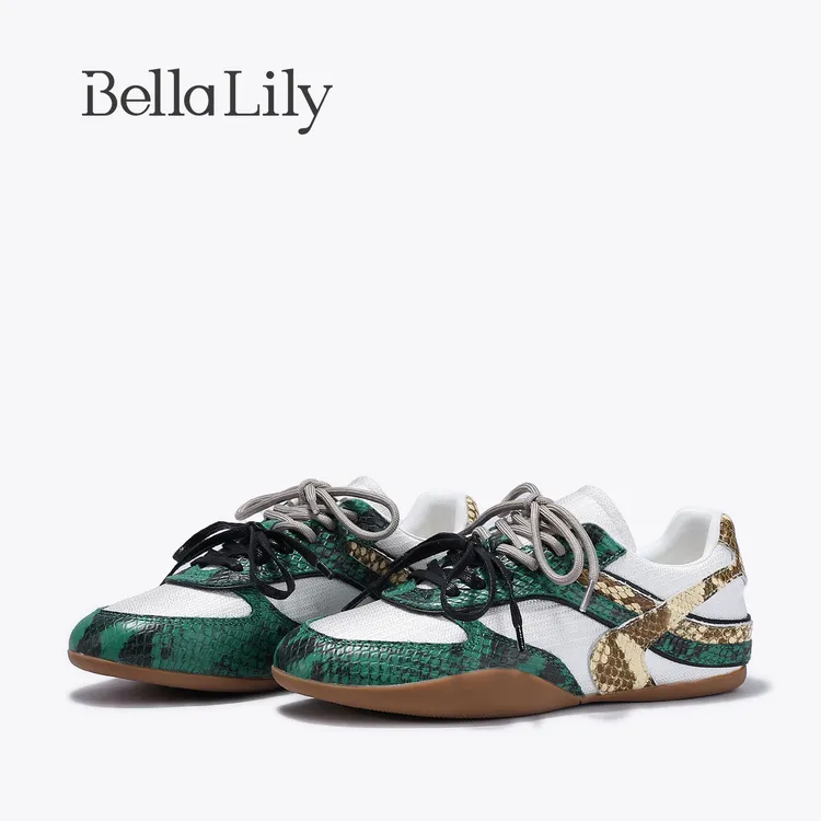 BellaLily2025夏季新款潮酷复古德训鞋女牛皮蛇纹撞色潮鞋休闲鞋