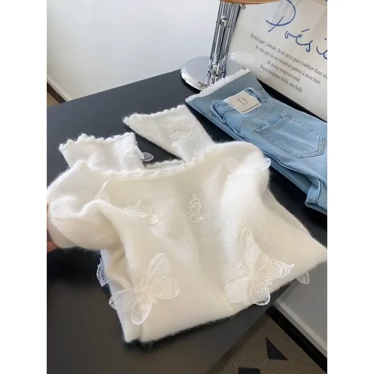 立体蝴蝶白色针织衫毛衣女士2025新款上衣设计感小众韩系早秋穿搭