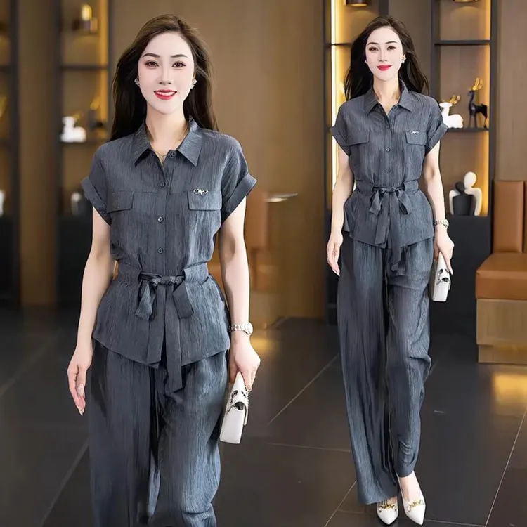 品质洋气质套装女2025夏季新款高腰小个子减龄短袖衬衫长裤两件套