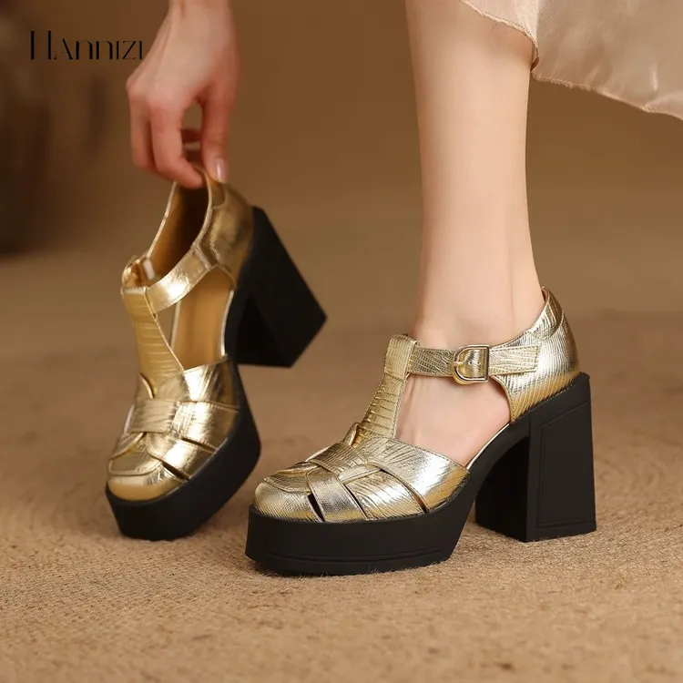 hannizi包头厚底仙女凉鞋女真皮镂空猪笼鞋夏季超高跟粗跟罗马鞋