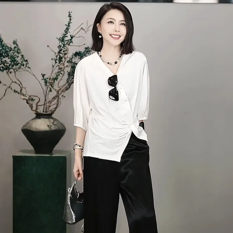 溶溶【漫墨听月】RONRGONG 桑蚕丝千金风显瘦短袖上衣T恤 C-M206003