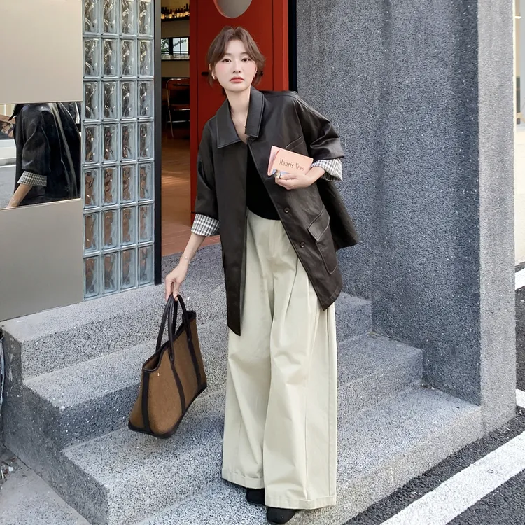 韩版时尚袖口格子拼接深咖色皮衣外套女2025秋季简约质感休闲外套