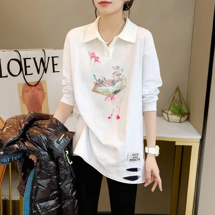 出游服装女宽松休闲上衣中长款秋季长袖t恤小众POLO领显瘦打底衫