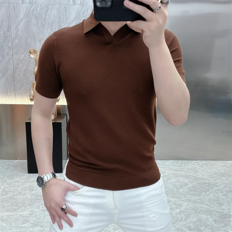 欧洲站男士新款修身百搭轻奢高品质针织半袖个性翻领polo短袖修身