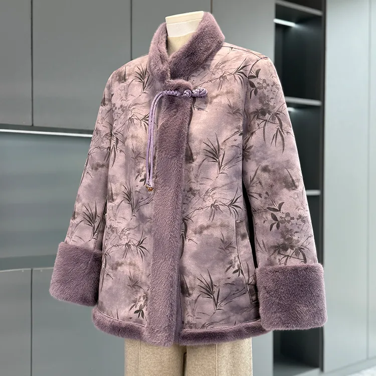 中式中年妈妈冬装水貂绒双面穿外套中年女装加厚国风皮毛一体大衣