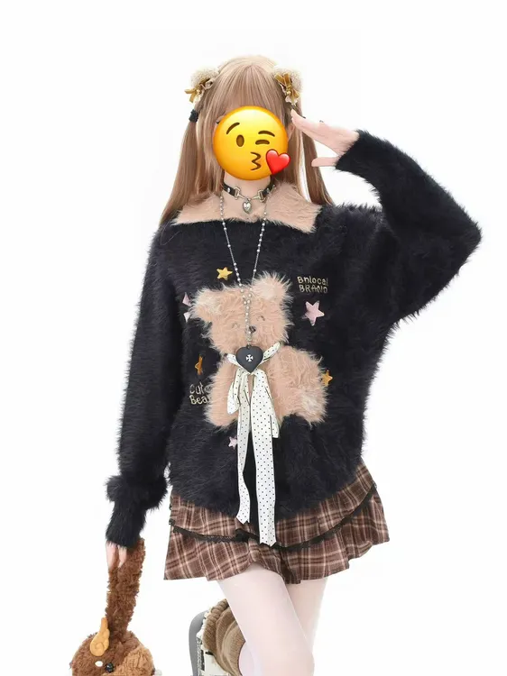 甜美风新款保暖仿水貂针织毛衣女秋冬翻领慵懒软糯长袖毛绒上衣