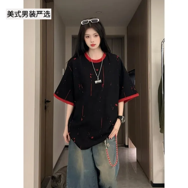 双色烧花短袖男生夏天穿搭美式高街正肩T恤青少年宽松百搭五分袖