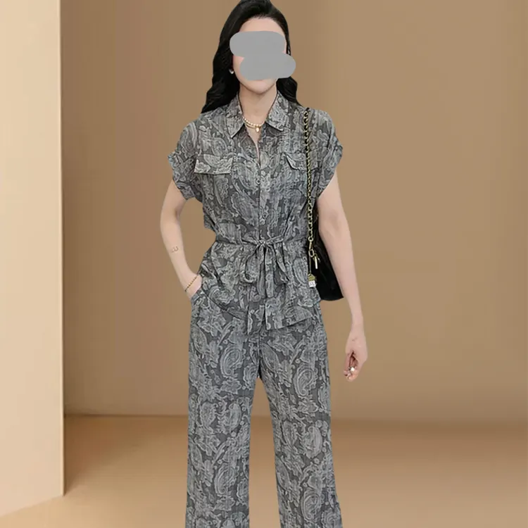 时尚印花两件套装裤2025新款夏季今年流行穿搭一整套女士裤子套装