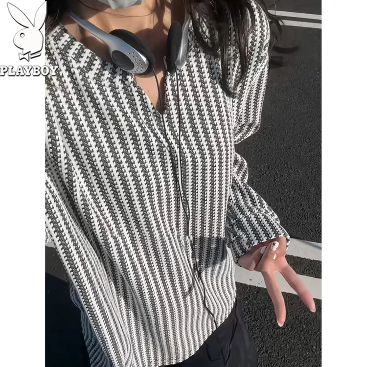 花花公子高级感长袖男秋季黑白拼色条纹打底衫松弛感宽松情侣上衣