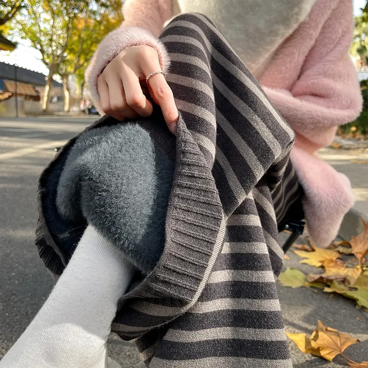 加绒加厚慵懒风复古条纹针织阔腿裤女秋冬新款抽绳高休闲拖地长裤