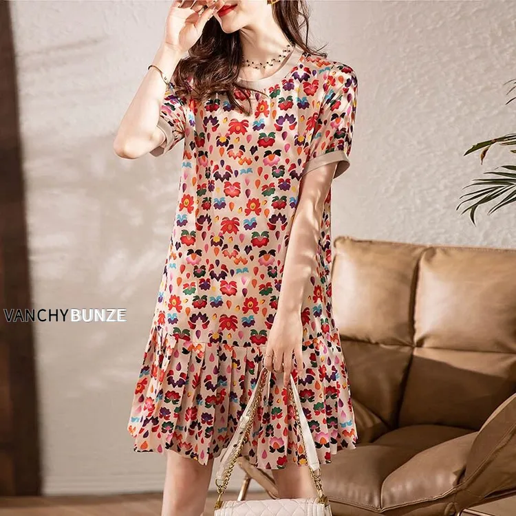 BUNZE 胖妹妹法式盐系连衣裙2025年夏季新款碎花洋气鱼尾减龄印花