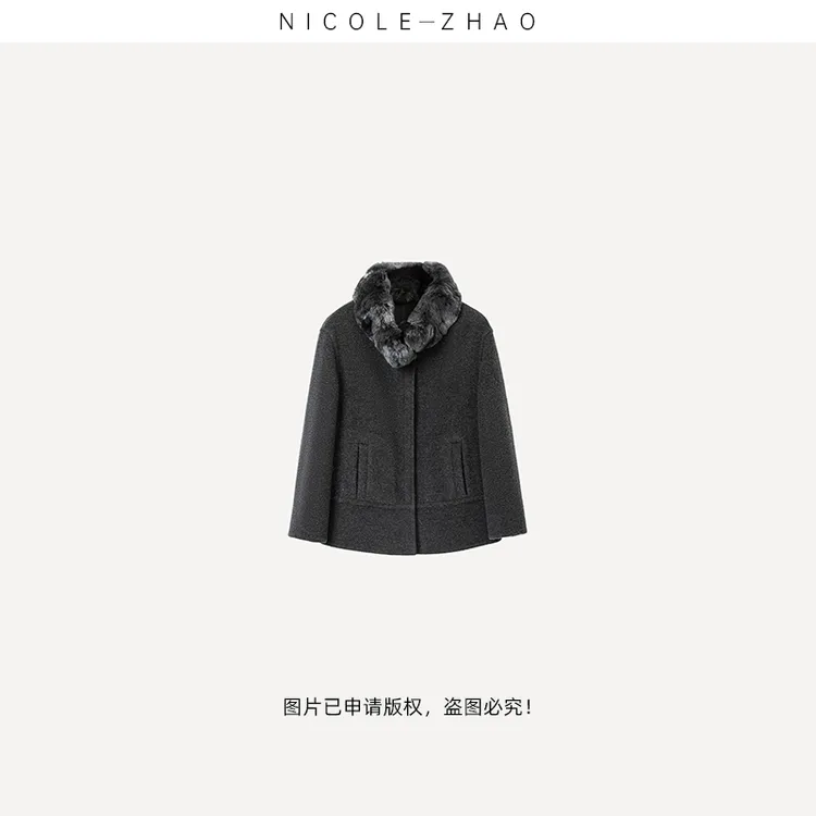 NZ07671【贵姐NICOLE】意大利进口立领围脖短款毛呢外套大衣