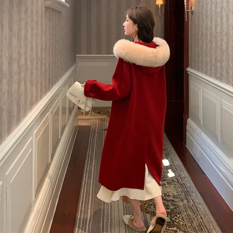 红色双面呢子大衣女中长款2025冬季新款狐狸毛大毛领连帽毛呢外套