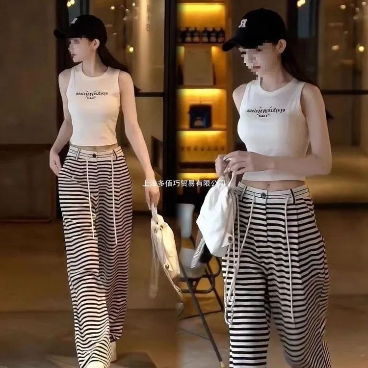 茜苛韩感时尚辣妹风白色无袖背心条纹抽绳高腰阔腿裤两件套女