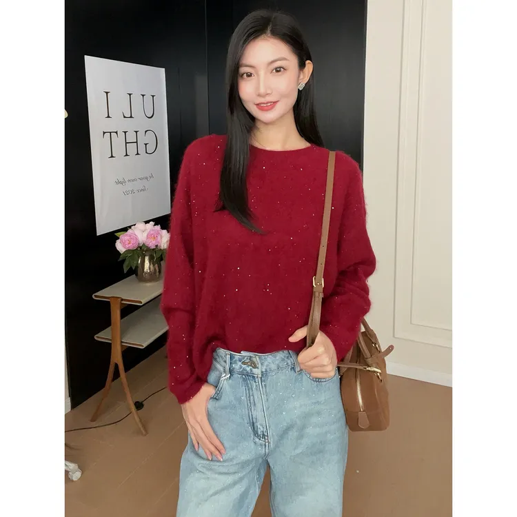 ulight【微光细闪】松弛慵懒感羊毛羊绒拉绒针织珠片上衣