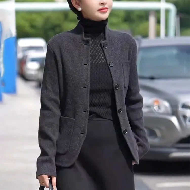 秋冬女灰色毛衣开衫外套慵懒高级感宽松立领减龄洋气针织衫上衣