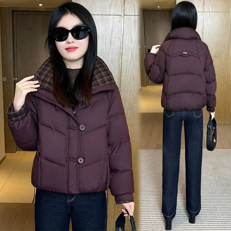 2025冬季保暖女短款棉衣韩风宽松格子拼色棉服时尚棉袄女士外套