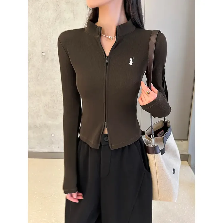 动感少女 拉链立领刺绣长袖T恤女2025秋季设计感显瘦长袖上衣开衫