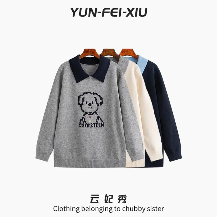 云妃秀大码女装针织衫POLO领提花小熊时尚宽松显瘦胖妹妹秋23569